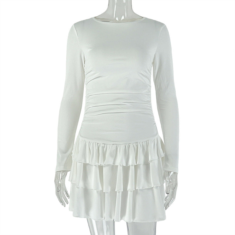 Elegant Slim Women Clothing Elegant Solid Color Pleated Dress Light Luxury round Neck Long Sleeved Dress by Ragazza