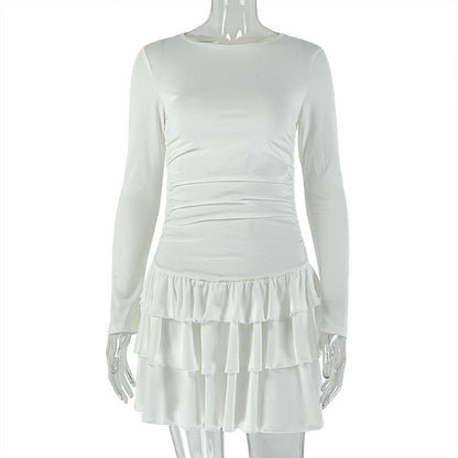 Elegant Slim Women Clothing Elegant Solid Color Pleated Dress Light Luxury round Neck Long Sleeved Dress by Ragazza