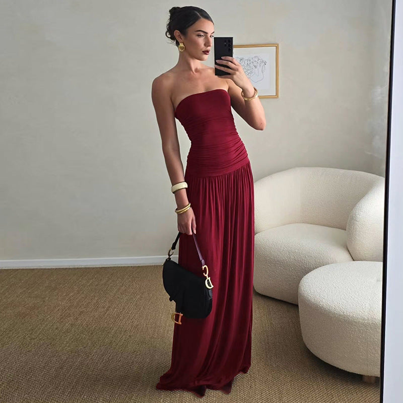 Women Clothing Solid Color Sleeveless Backless Slim Fit Pleated Tube Top Maxi Dress by Ragazza