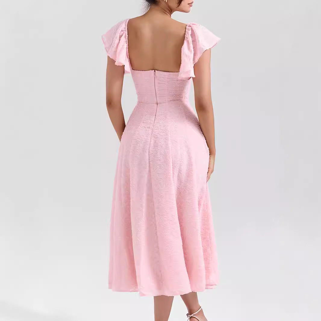 Women Wear Pink Sexy Square Neck Fitted Waist Backless Mid Length Dress French Dress by Ragazza
