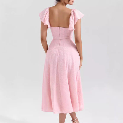 Women Wear Pink Sexy Square Neck Fitted Waist Backless Mid Length Dress French Dress by Ragazza