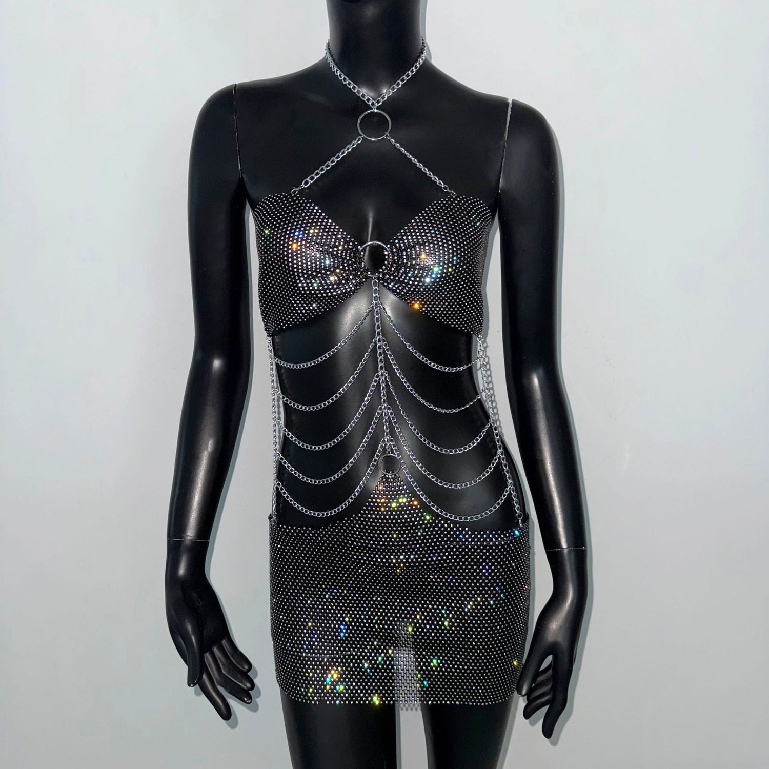 Sexy Dress Fishnet Rhinestone Stretch Halterneck Dress Metal Chain Decorative Cami Dress by Ragazza