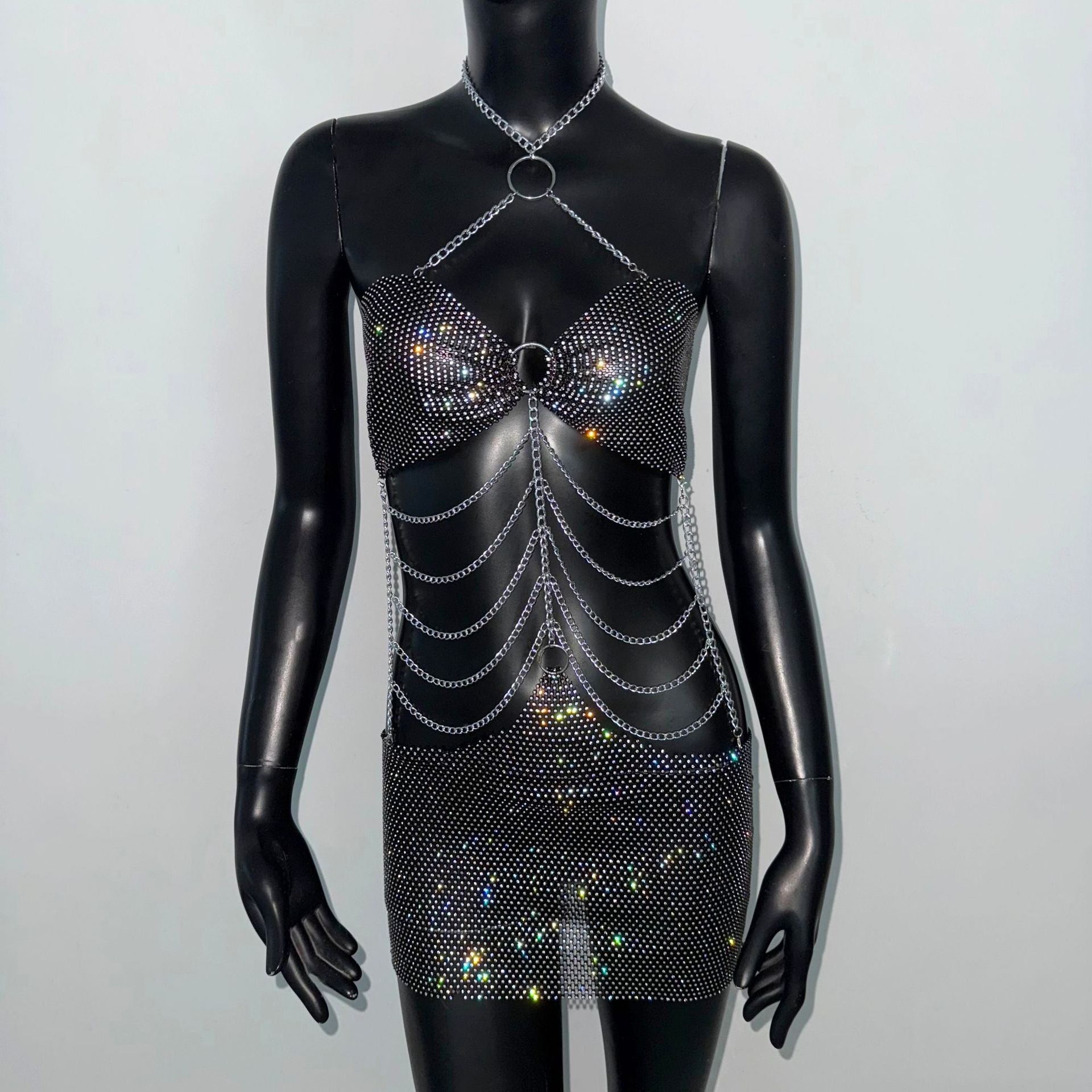 Sexy Dress Fishnet Rhinestone Stretch Halterneck Dress Metal Chain Decorative Cami Dress by Ragazza