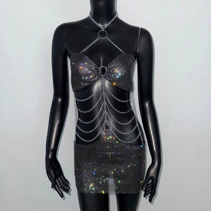 Sexy Dress Fishnet Rhinestone Stretch Halterneck Dress Metal Chain Decorative Cami Dress by Ragazza