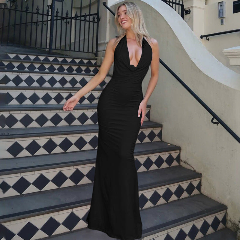 Women Clothing Summer Sexy Deep V Plunge Halter Lace up Backless Sheath Dress by Ragazza