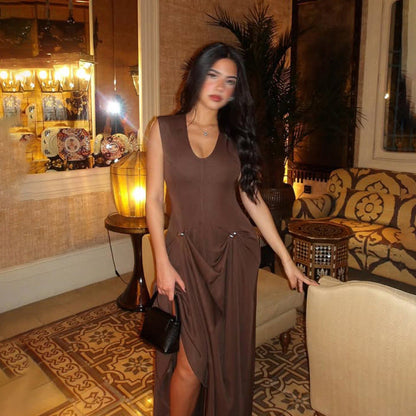 Sexy Sleeveless Dress Summer U Collar Fitted Waist Pleated Design Solid Color Dress Women by Ragazza