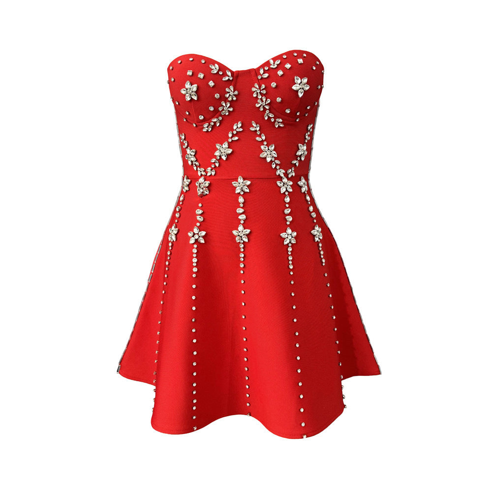 Heavy Industry Beads Diamond Tube Top Bandage One Piece Dress Cocktail Party Dress Mini Dress by Ragazza