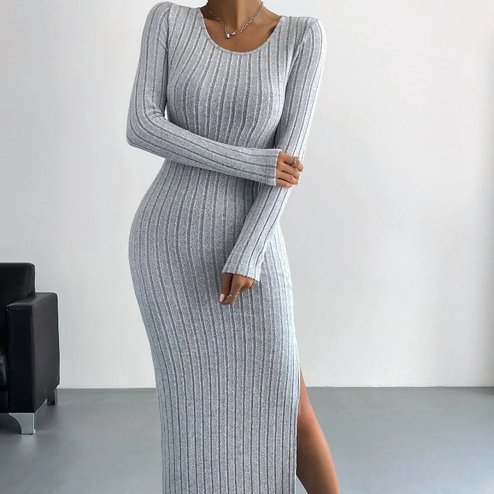 Autumn Winter Long Sleeve Crew Neck Split Knitted Maxi Dress Women by Ragazza