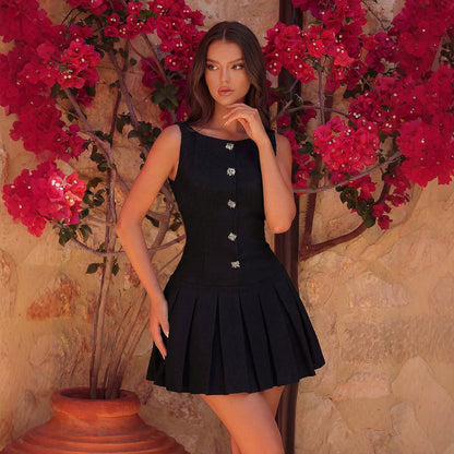 Sleeveless Black Dress Slim Waist Diamond Decorations Breasted Pleated Short Dress  DestGlow
