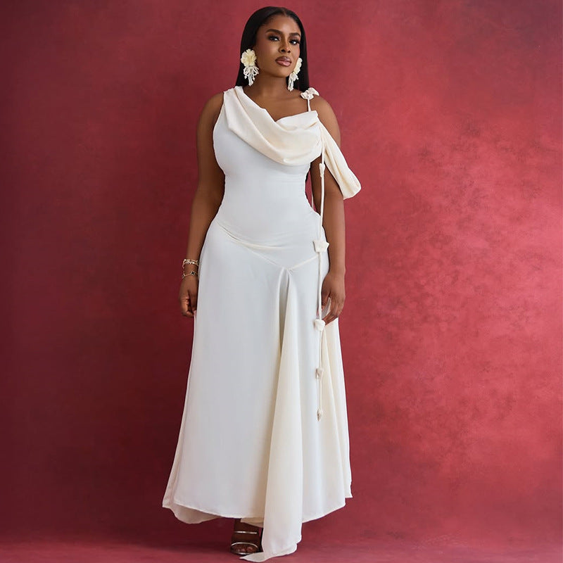 Women Clothing Summer Dignified Sense of Design off the Shoulder Mid Length Slim Strap Dress by Ragazza
