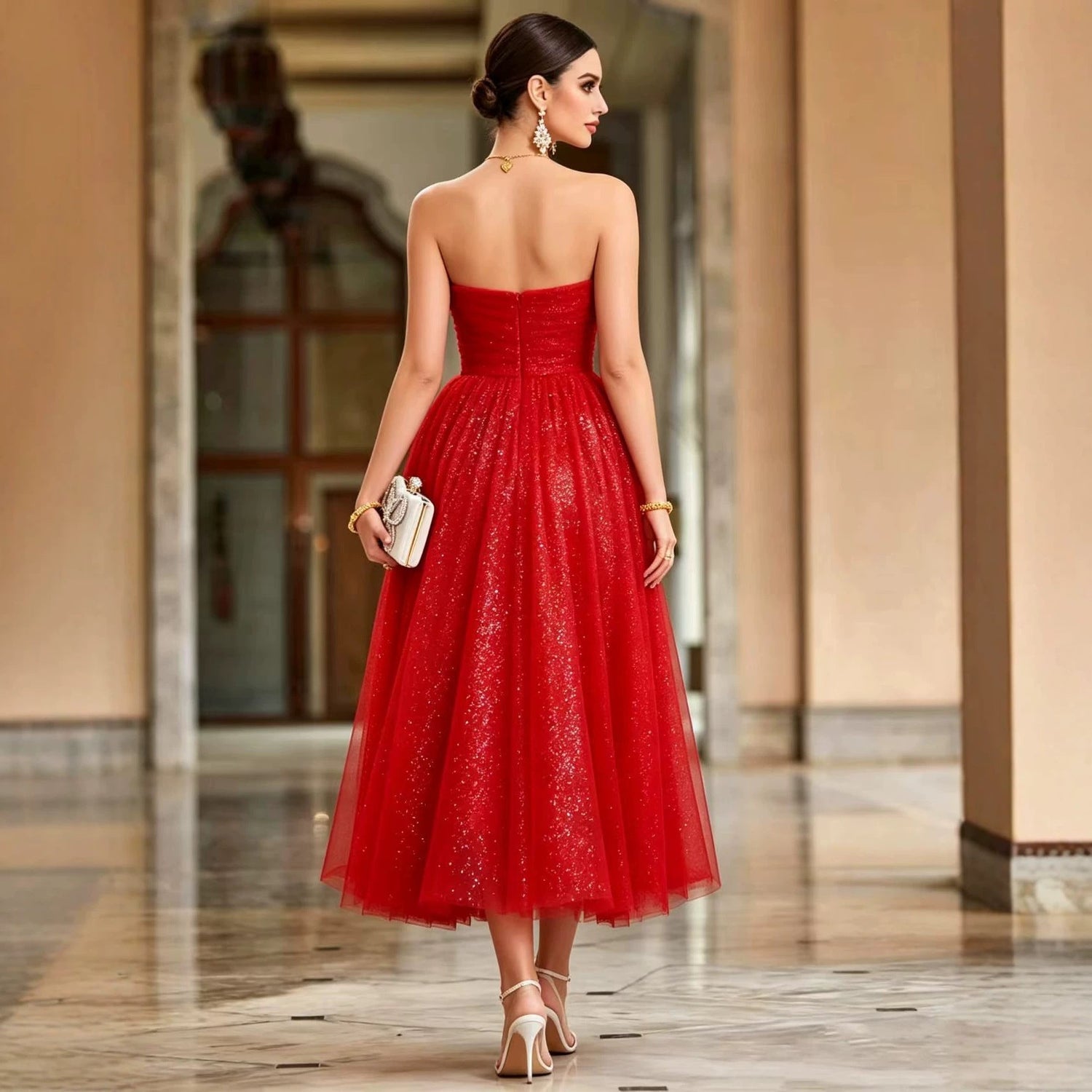 French off Shoulder Red Toast Dress Evening Gown  DestGlow