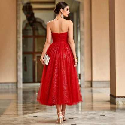 French off Shoulder Red Toast Dress Evening Gown  DestGlow
