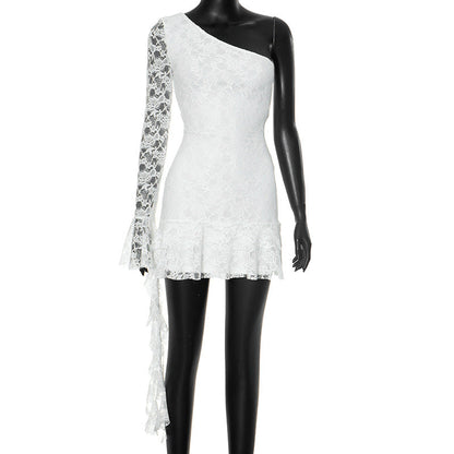 Women Autumn Shoulder Sleeve Ruffles Streamer Long Sleeve Short Dress by Ragazza
