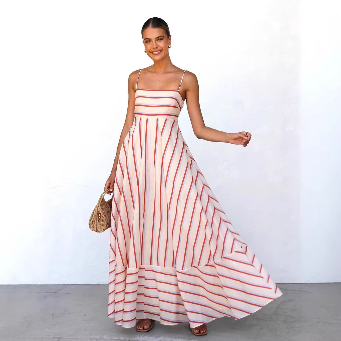 Summer Cami Dress Striped Print High Waist Big Swing Vacation Women Dress by Ragazza
