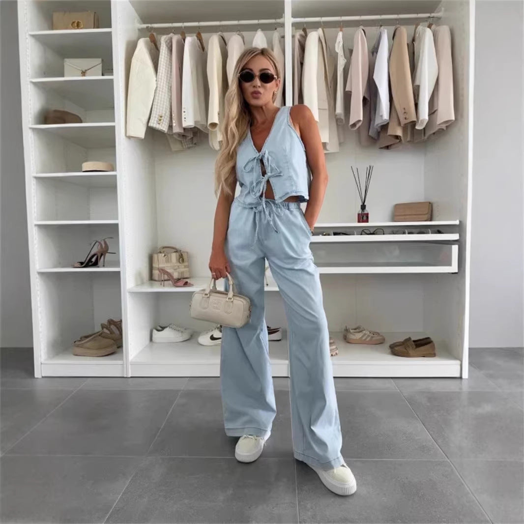 Women Spring Summer Sleeveless Lace up Vest Lace up Wide Leg Jeans Denim Set by Ragazza