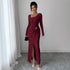 Autumn Winter Irregular Asymmetric Neckline Solid Color Knitted Texture Maxi Dress Women by Ragazza