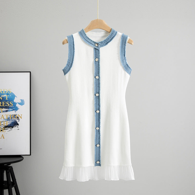 Summer French Youthful-Looking Stitching Contrast Color Frayed Waist Slimming Pleated Vest Dress  DestGlow