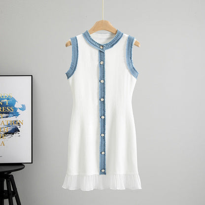 Summer French Youthful-Looking Stitching Contrast Color Frayed Waist Slimming Pleated Vest Dress  DestGlow