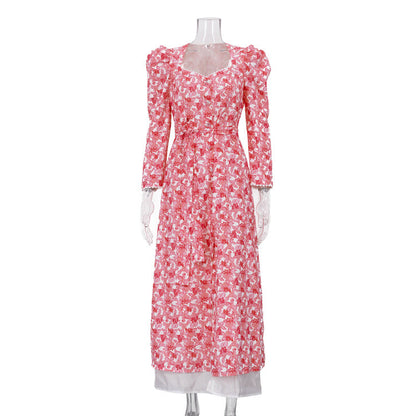 Printing Word Dress Women Square Collar Long Sleeve High Waist Office Dress by Ragazza