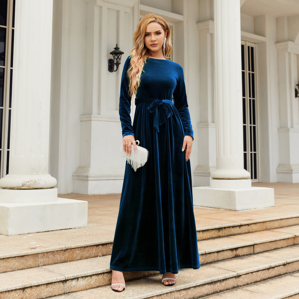 Autumn Winter Elegant Graceful Socialite Maxi Dress Gold Velvet Solid Color High Grade Dress by Ragazza