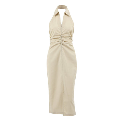 French Khaki Cotton Linen Slim Fit Waist Tight Dress Spring Summer Midi Dress for Women by Ragazza