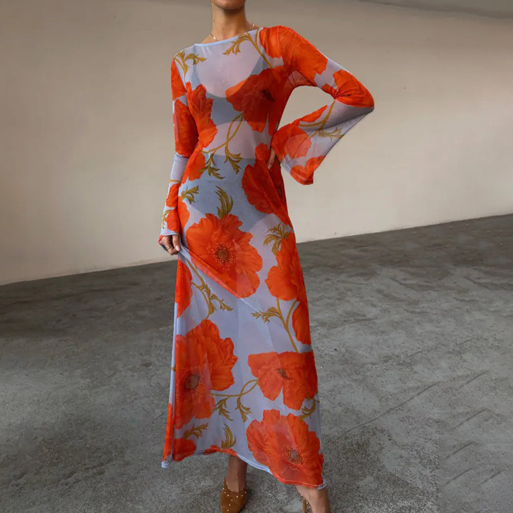 Sexy See through Mesh Floral Print Dress Lazy Casual Wild Dress by Ragazza