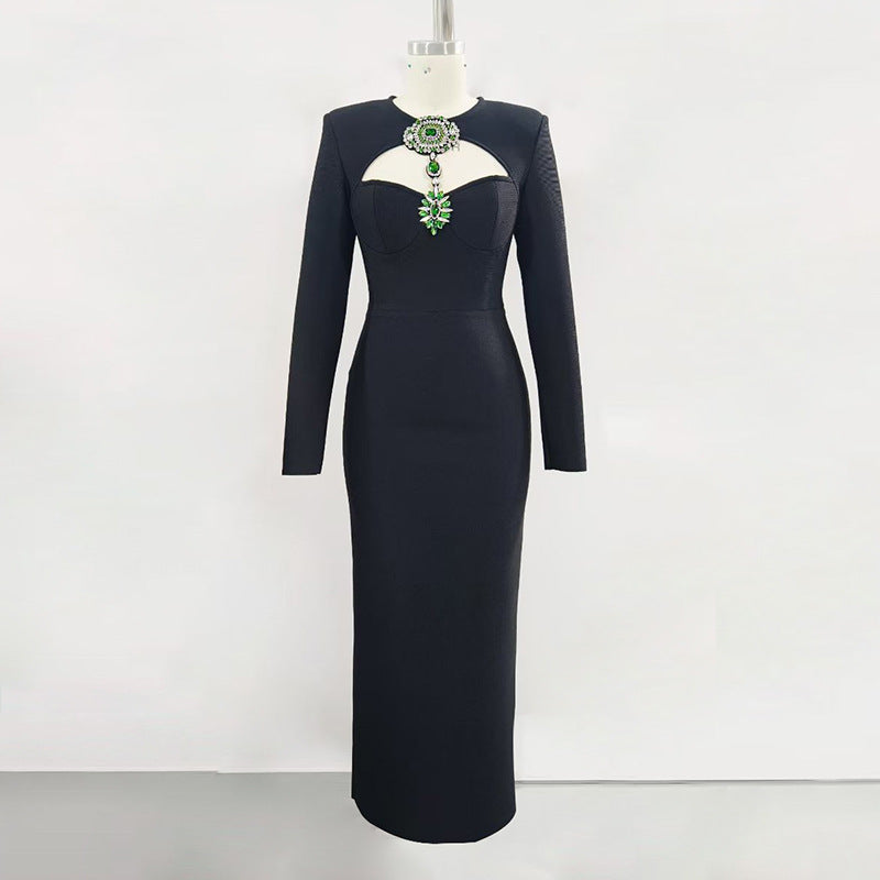 Sexy Black Dress Sheath Long Bandage Dress Summer Jeweled Embellished Waist Tight Dress
