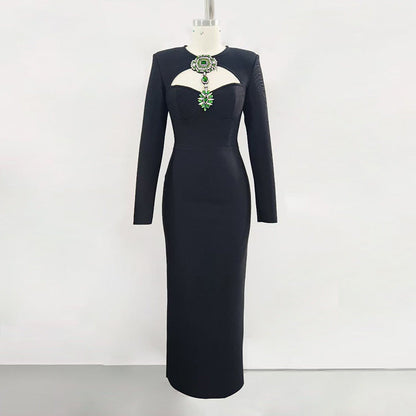 Sexy Black Dress Sheath Long Bandage Dress Summer Jeweled Embellished Waist Tight Dress