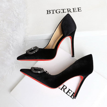 French Elegant Lady Ultra High Heel Stiletto Heel Red Bottom High Grade Rhinestone V Buckle Suede Shoes  DestGlow