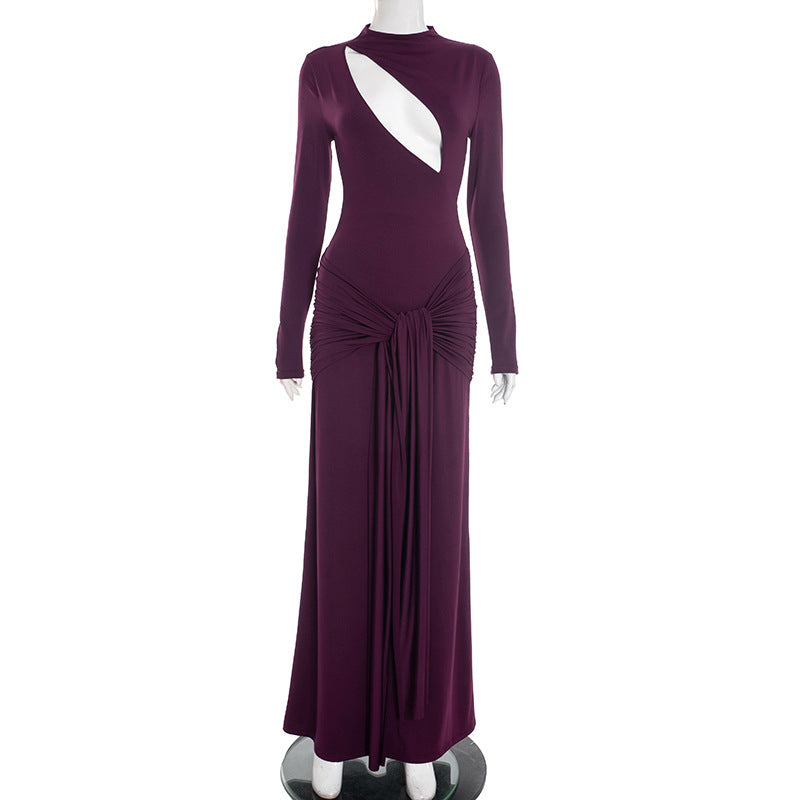 Women Clothing Autumn Winter Solid Color Sexy Slim Chest Hollow Out Cutout Sheath Tied Dress Women by Ragazza