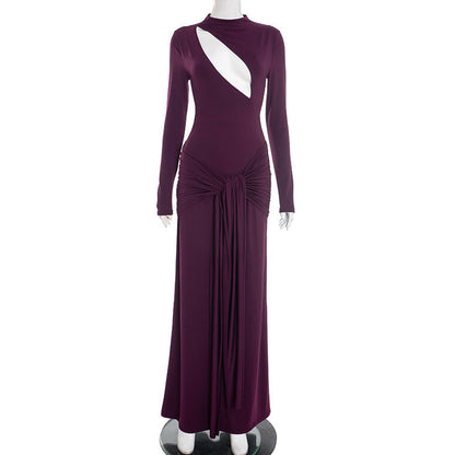 Women Clothing Autumn Winter Solid Color Sexy Slim Chest Hollow Out Cutout Sheath Tied Dress Women by Ragazza