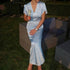 High Grade Satin Printed V neck Short Sleeved Elegant A line Dress Women Elegant Dress  DestGlow