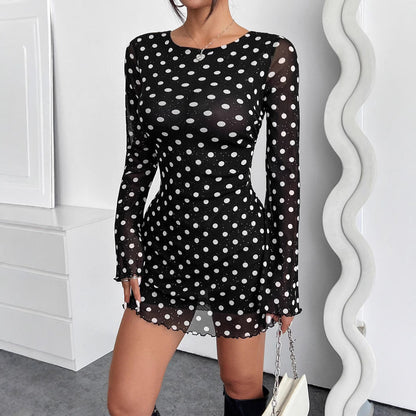 Elegant Mesh Polka Dot Printed round Neck Backless Long Sleeves Dress by Ragazza