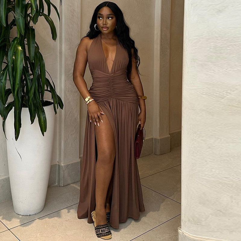 Women Clothing Solid Color Dress Sexy Sleeveless Deep V Plunge Neck Split Casual Waist Controlled Dress by Ragazza