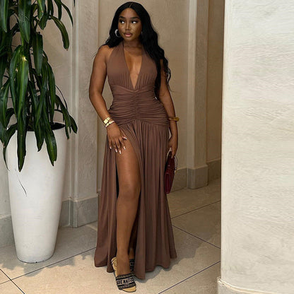 Women Clothing Solid Color Dress Sexy Sleeveless Deep V Plunge Neck Split Casual Waist Controlled Dress by Ragazza