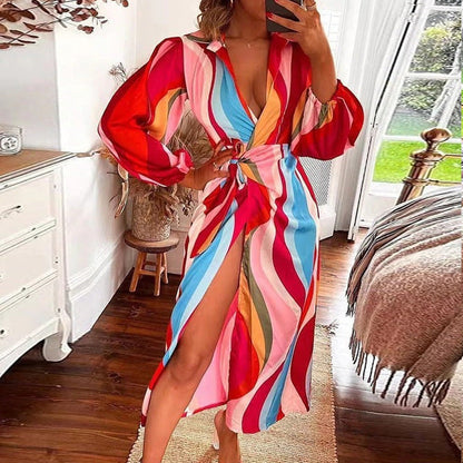 Women Clothing Autumn Sexy Slit Lace up Waist Controlled V neck Shirt Elegant Dress Women by Ragazza
