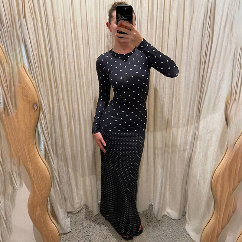 Women Autumn Long Sleeve round Neck Polka Dot Slim Fit Maxi Dress Casual Sheath Dress  DestGlow
