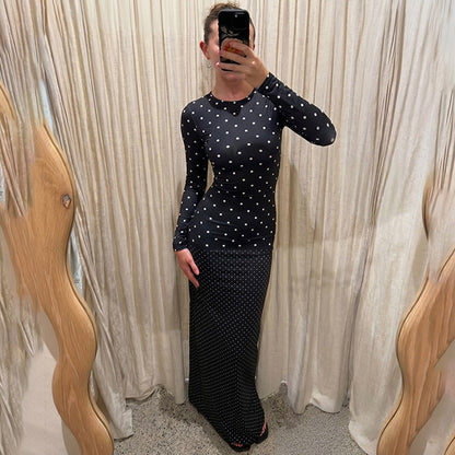 Women Autumn Long Sleeve round Neck Polka Dot Slim Fit Maxi Dress Casual Sheath Dress  DestGlow