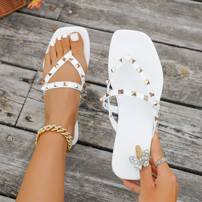 Summer Women Shoes Plus Size Rivet Flat Flip Flops Women Outer Wear Square Toe Beach Slippers  DestGlow
