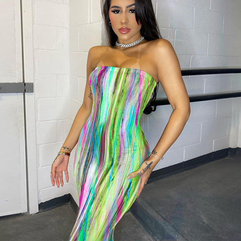 Women Clothing Spring Summer Colorful Tie Dye off Shoulder Tube Top Dress by Ragazza