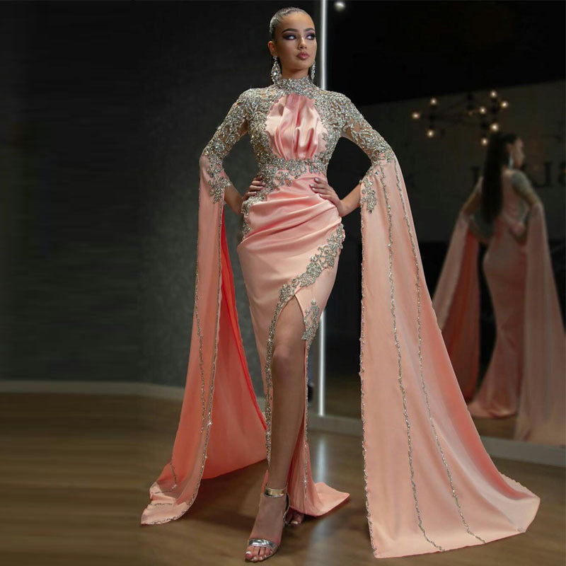 Women Clothing Dress Turtleneck Long Sleeve Dress Slit Irregular Asymmetric Evening Dress by Ragazza