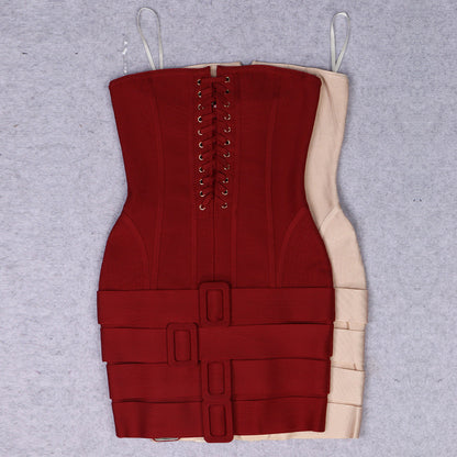 Knitted Apricot Tube Top Cloth Bag Buckle Party Bandage Sexy Backless Dress Crisscross by Ragazza