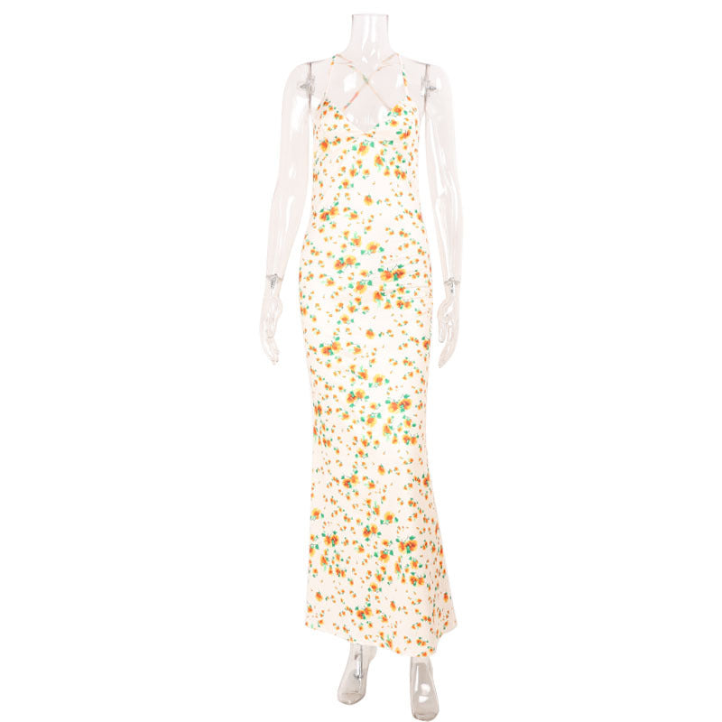 Spring Summer Waist Slimming Elegant Floral Strap Dress Deep V Plunge Vacation by Ragazza