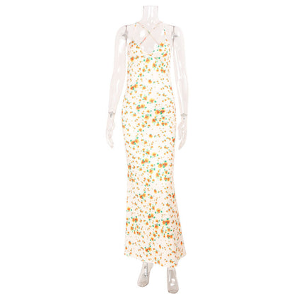 Spring Summer Waist Slimming Elegant Floral Strap Dress Deep V Plunge Vacation by Ragazza