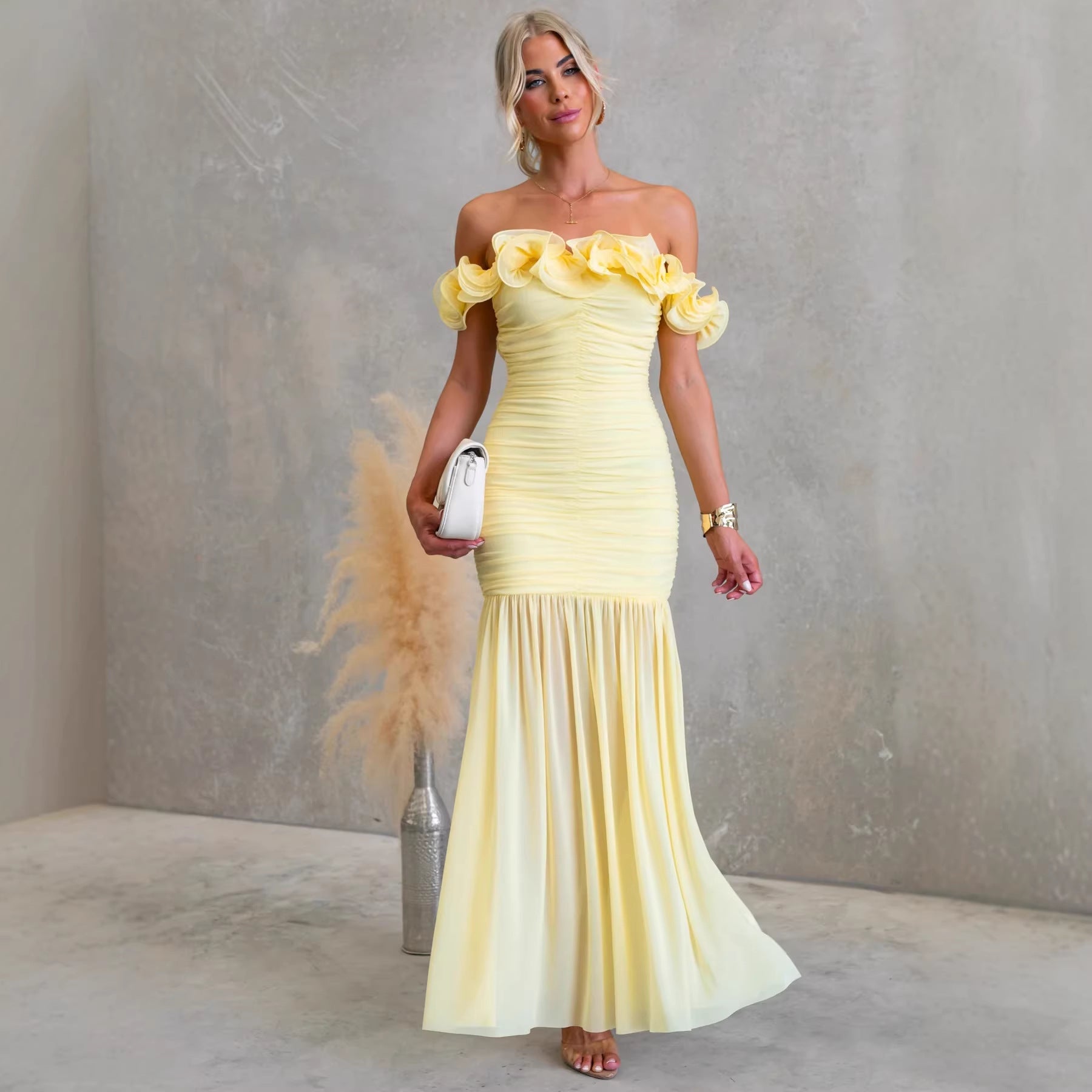 Spring Summer Solid Color Mesh Slim Fit Sexy Vacation off Shoulder Dress by Ragazza