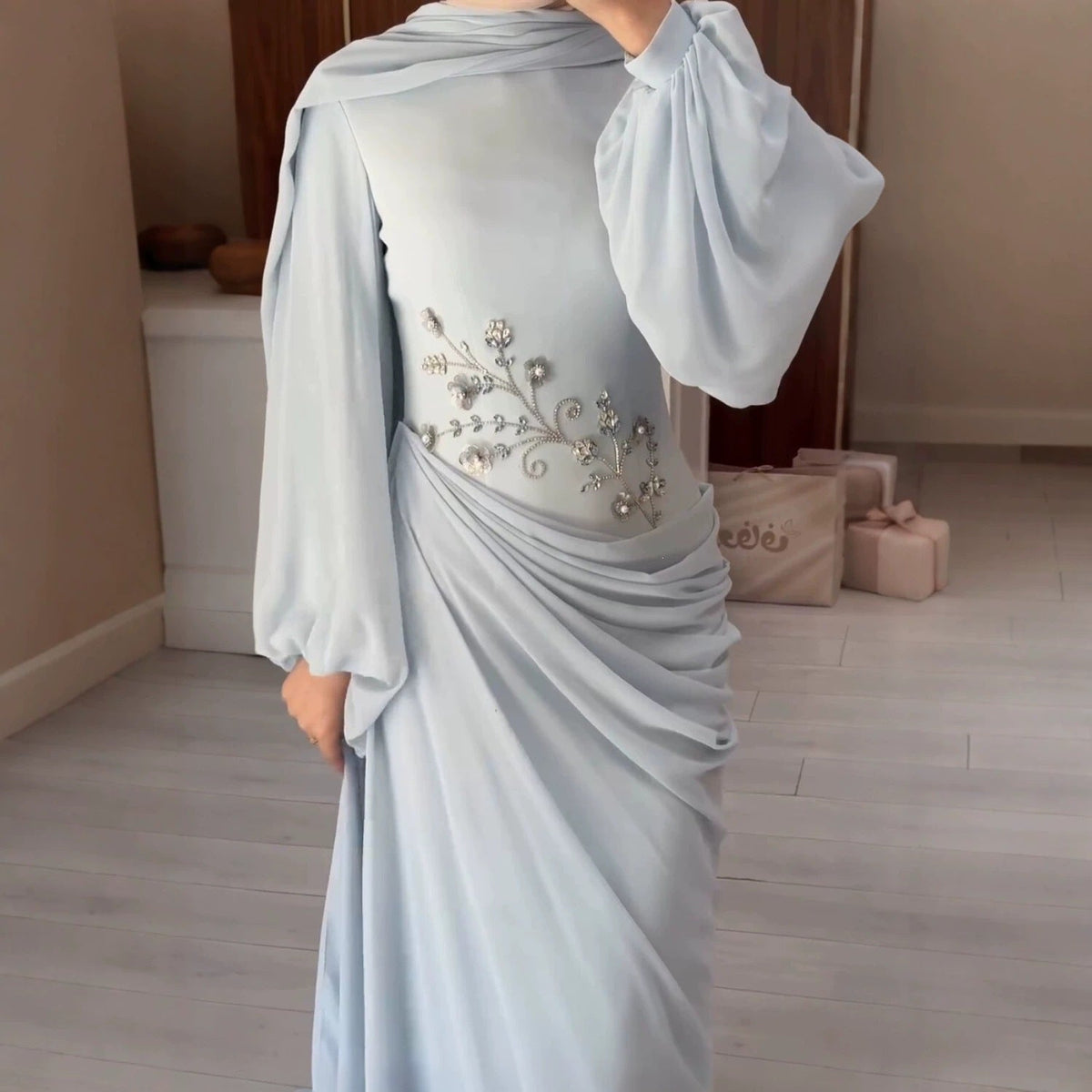 Chiffon Diamond Decorations Floral Long Sleeve Narrow Large Swing Elegant Dress  DestGlow