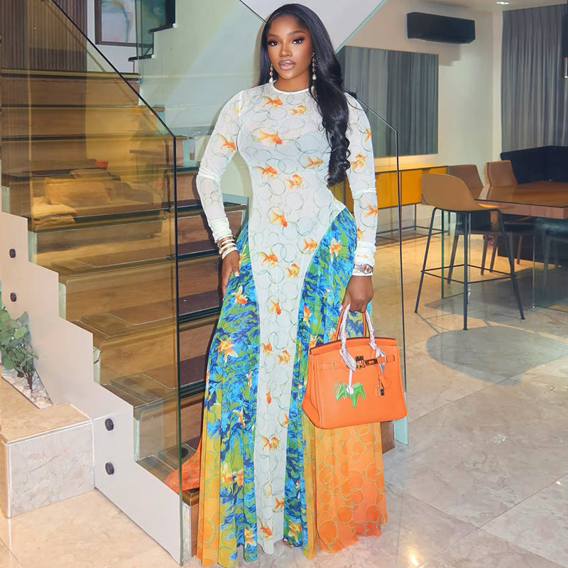 Stitching Women Printed Street Office A line round Neck Long Sleeve Waist Dress by Ragazza
