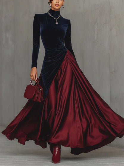 Spring Elegant Big Hem Umbrella Velvet Stitching Contrast Color Turtleneck Dress by Ragazza