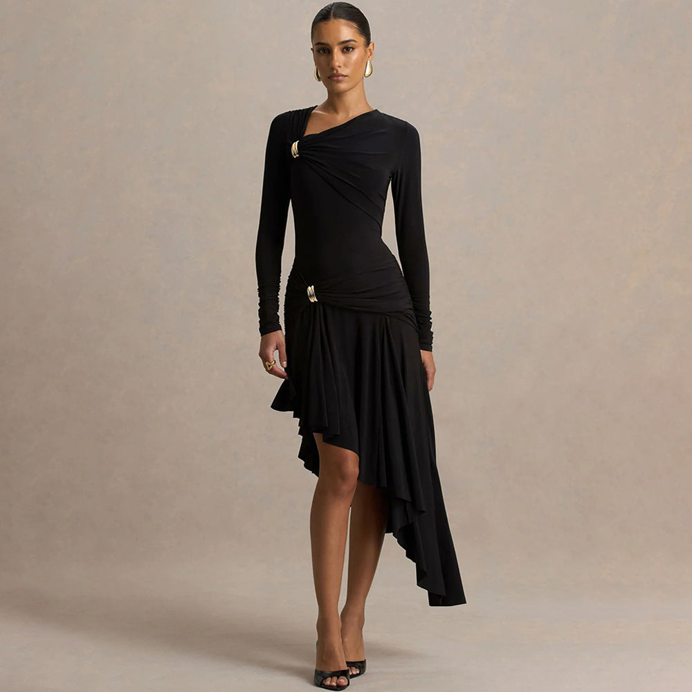 Autumn Winter Graceful Fashionable Women Slim Dress Sexy Pleated Irregular Asymmetric Maxi Dress by Ragazza