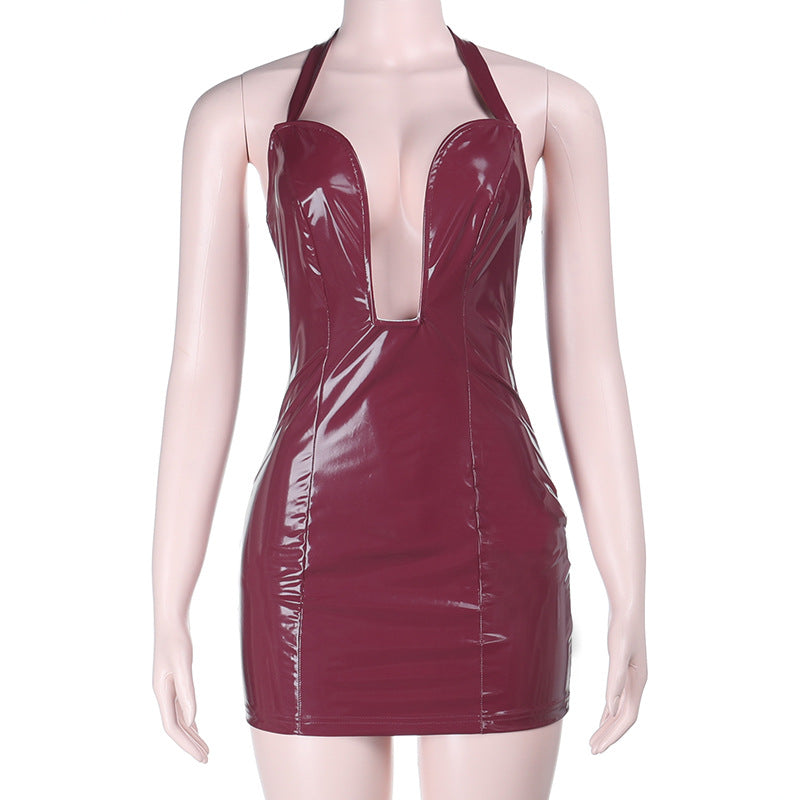 Sexy Faux Leather Halter Hip Spaghetti Straps Dress Spring Slim Fit Dress by Ragazza